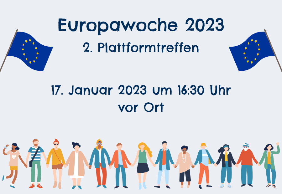 Veranstaltungsvisual für das zweite Plattformtreffen der Europawoche 2023. Auf dem Bild sind eine Menschenkette sowie zwei Flaggen der Europäischen Union dargestellt.