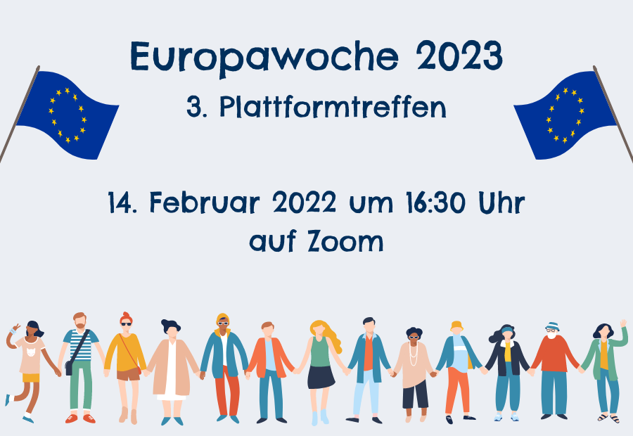 Veranstaltungsvisual für das dritte Plattformtreffen der Europawoche 2023. Auf dem Bild sind eine Menschenkette sowie zwei Flaggen der Europäischen Union dargestellt.