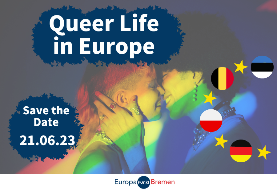 Zwei Menschen, die sich gleich küssen werden werden mit Regenbogenlichtern angeleuchtet. Als Überschrift "Queer Life in Europe".